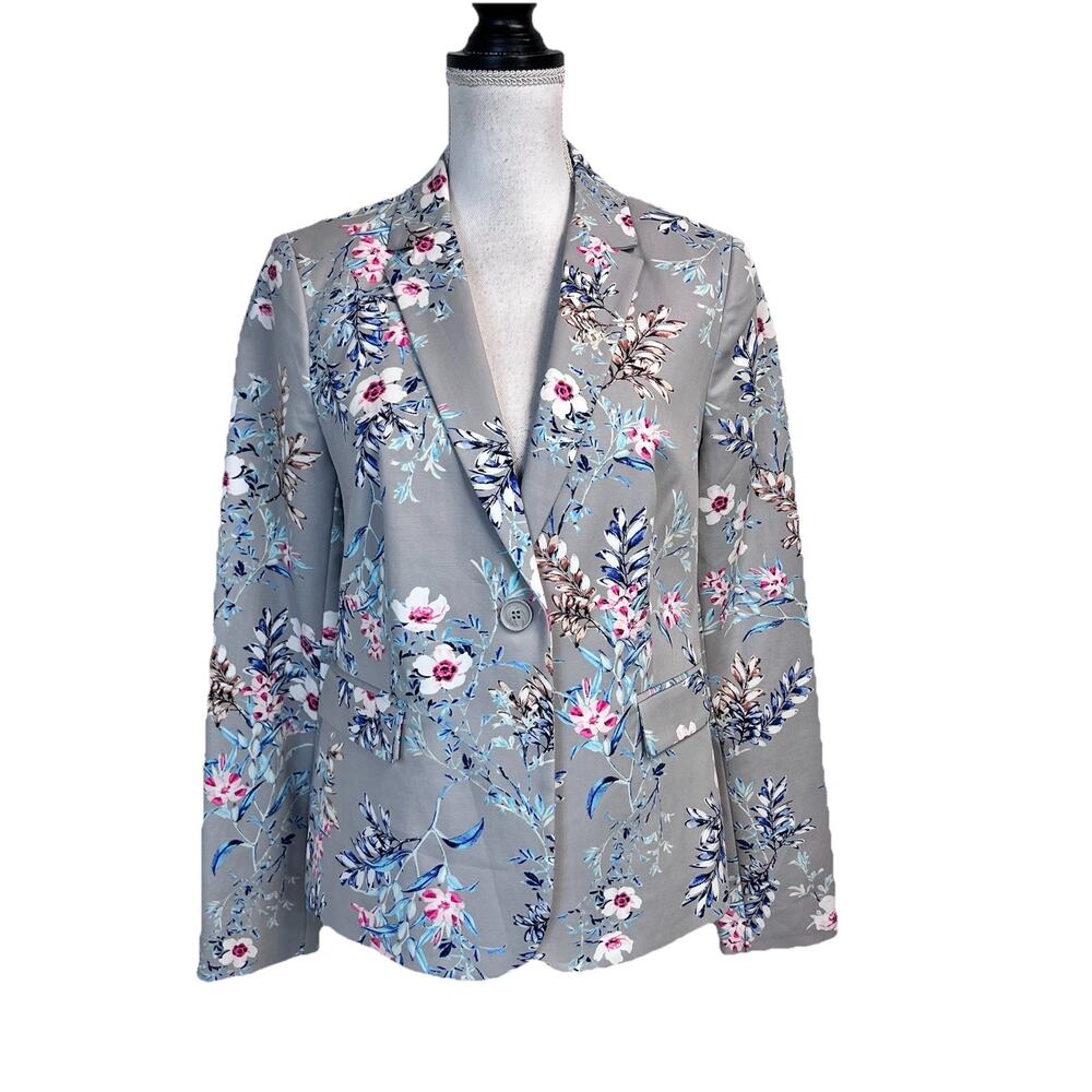 Liz Claiborne Blazer Jacket sz Small Gray Pink Blue Floral Stretch Career Church